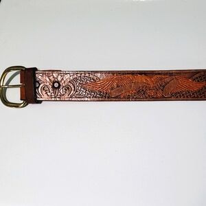 Vintage Brown Leather Eagle Belt with Gold Buckle From The 80s